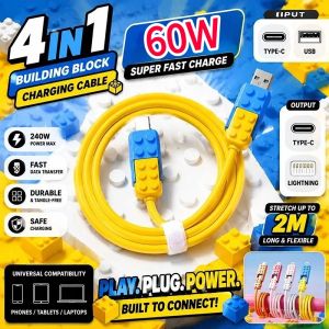 【All In One Charger】60W 4-in-1 Building Block Fast Charging Cable Multi Port For Ios Android Type C