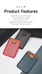 Neva Series Magnetic Premium Leather RFID Wallet Case Kick Stand - Hold Up 3-5 Cards Mag Safe Compatible Black Blue Red Card Slot Travel Strong Quick Release iPhone Accessories Adjustable Blocking Pocket Strong Skin Friendly