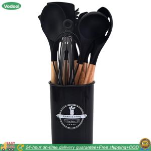 【24 hours Flash Delivery】12Pcs Kitchen Utensil Set Cooking Tools Kit Wooden Handle Non-Stick Spatula Set Spatula Spoon Brush Whisk for Kitchen