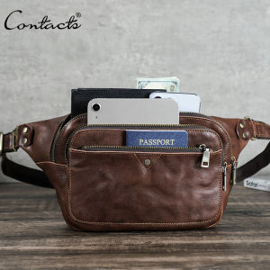 CONTACTS Genuine Leather Men Waist Bags High Quality Waist Packs Phone Pocket Male Chest Shoulder Bags Men Travel Bags