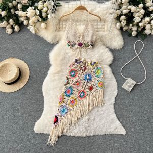 Whl Summer Bohemian Style Swimsuit/Knitted Hollow Crochet Halter V-Neck Tube Top+Irregular Short Skirt Two-Piece Suit