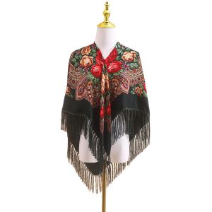 CHLOCH 110x110cm Floral Print Scarf Floral Pattern Fringed Design Ethnic Shawl Retro Classic Fringed Shawl