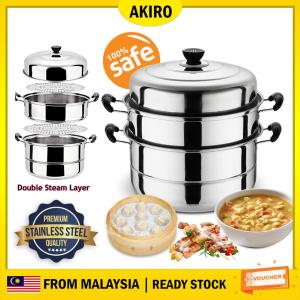 AKIRO HOME Big 30cm 3 Layers High Quality Stainless Steel Rust-Free Thicken Steamer Soup Cooking Pot Set Periuk Pengukus 1905