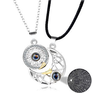 【PrettySet】 Couple Necklaces 100 Languages I Love You Projection Sun Moon Pendant Necklace Women Men Lovers Valentine Gifts