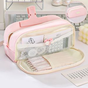 JIYAN2866 Large Capacity Pencil Case Solid Color Double Layered Pencil Box Multi-function Stationery Organizer Pen Bag Student Gift