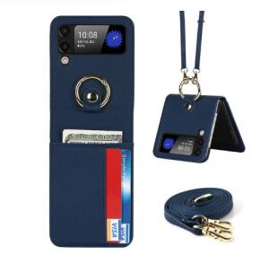 FLOVEME Card Slots Leather Phone Case For Samsung Galaxy Z Flip 4 Flip 3 5G Wallet Phone Case With Ring Kickstand Crossbody Lanyard Protective Back Cover For Galaxy Z Flip 4 Flip 3