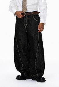 เย็บปักเงินเฟ้อตัดแบรนด์กางเกงขาม้าคนอเมริกัน Celana Denim Longgar กางเกงขาม้าขี้เกียจย้อนยุค