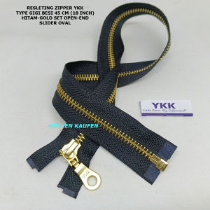Resleting Zipper YKK 45 cm Atau 18 inch Type Gigi Besi Warna Hitam Gold Emas Slider Oval Model Set Open End Buka Lepas Harga Per Biji