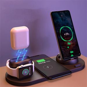 6In1 Wireless Charger Dock Station for iPhone/Android/Type-c USB Phones 10W Qi Fast Charging for Apple Watch AirPods Pro