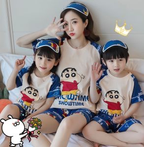 Baju Tidur Couple Ibu Dan Anak Perempuan Import Bahan Katun Sinchan Biru Pendek #22