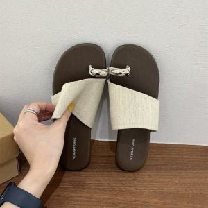 [Free Shipping] Korean-Style Linen Slip-On Sandals For Women Simple And Comfortable With Metal Decoration Flat Soft Sole Non-Slip Summer Sandals For Women