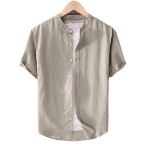Plain Breathable Business Casual Tops Cotton and Linen Stand collar Short sleeves Shirt