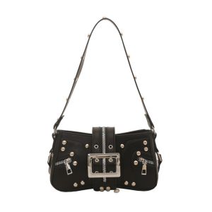 SEJUE4373 Pu Leather Rivet Shoulder Bag Y2K Spicy Girl Leopard Print Underarm Bag Simple Fashion Retro Motorcycle Bag Girls
