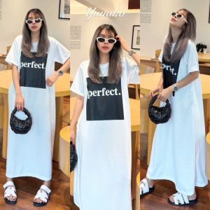 เดรสคอกลมแขนสั้น ทรงปล่อยแบบ oversize style สกรีน Perfect ชุดเดรสแฟชั่น เดรสใส่ไปคาเฟ่ yunaka