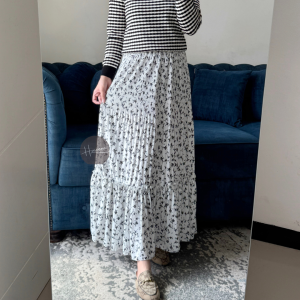 Haseena Rok Plisket Rempel Mietaa Motif Bunga Fresia Susun Skirt Ruffle Anti Nerawang Bawahan Wanita Muslim Panjang Maxi