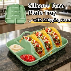 Silicone Taco Plate Tray Mexican Roll Pancake Roll Display Rack with 2 Dipping Areas Kitchen Gadgets