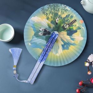 BMFUEW with Tassel Round Folding Hand Fan Shell-Shaped ic Plastic Handle Dance Fan Vintage Paper Chinese-Style Shell Fan Home Decoration