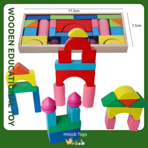 Hntob 26pcs 17.5*7.5cm Wooden Castle Building Blocks Geometric Shape Play Educational Puzzle Toys