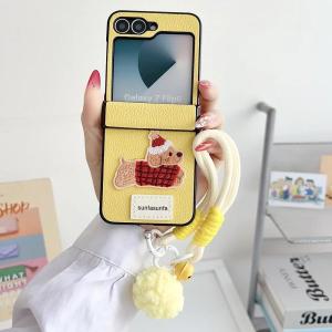 Cute Cartoon Dog Embroidery Wrist Strap Case for Samsung Galaxy Z Flip 7 6 5 flip 3 4 Lanyard Litchi Leather Hairball Ins Cover