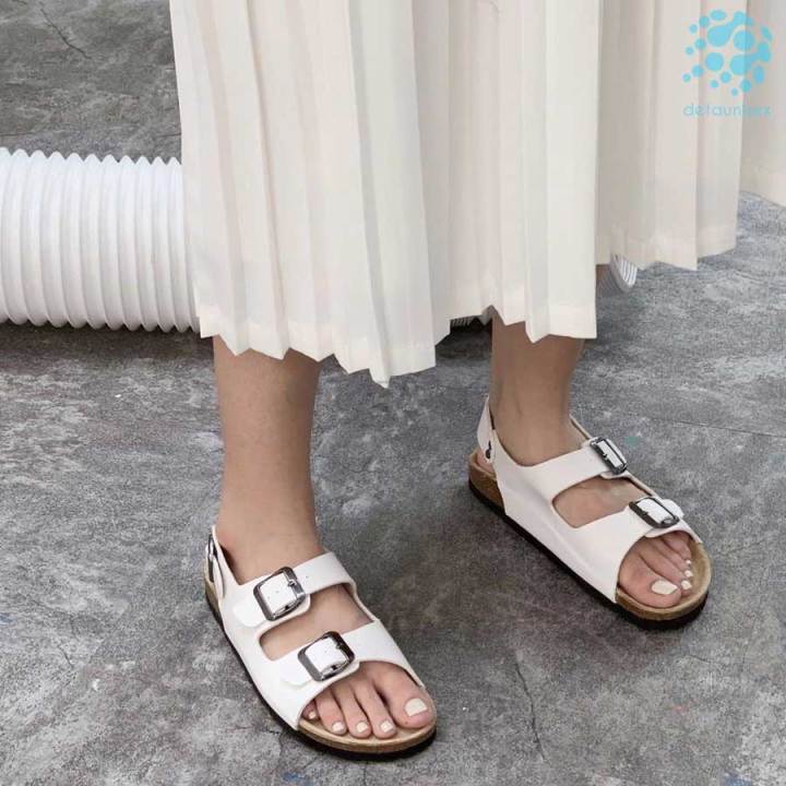 Giày sandal đế trấu nam nữ quai ngang Detaunisex 2 khóa 3 màu Đen Bò Trắng - SATA21