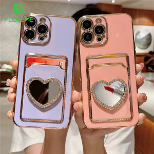 FLOVEME Glitter Rhinestone Love Heart Phone Case For iPhone 14 13 12 11 Pro Max XS X XR 7 8 Plus Mirror Plating Wallet Card Slots Soft Slot Back Cover