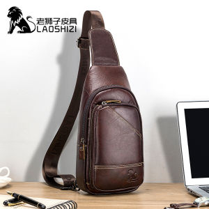 LAOSHIZI 100% Cowhide หนังแฟชั่นสบายๆ C Rossbody หน้าอกกระเป๋าหนังผู้ชายกระเป๋าเดินทางกระเป๋าสะพาย