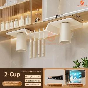 SG Stock Multifunctional Bathroom Shelf with Toothbrush Holder Punch Free Wall Mounted Storage Rack for Toiletries Skincare