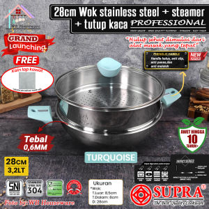 SUPRA New wok 28cm + steamer + tutup kaca professional stainless steel SUS304 pastel Pink  handle impact bottom / wajan kukus