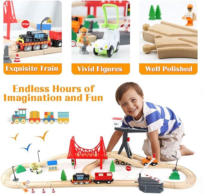 WOOD CITY Wooden Train Set, 56Piece Deluxe Kids Toy Train Set for 2 3 4 5 Year Old Boy, Cargo