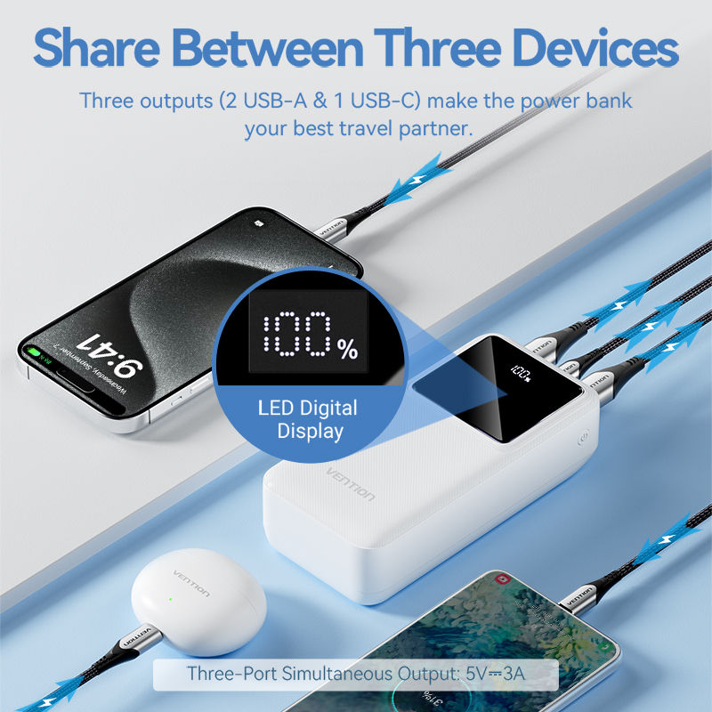 Vention Battery 30000mAh Powerbank 22.5W Fast Charging PD 20W Digital Display for iPhone 15 14 13 pro max xiaomi 12t 11t Realme Samsung S24 23 Mobile Power Adapter. 