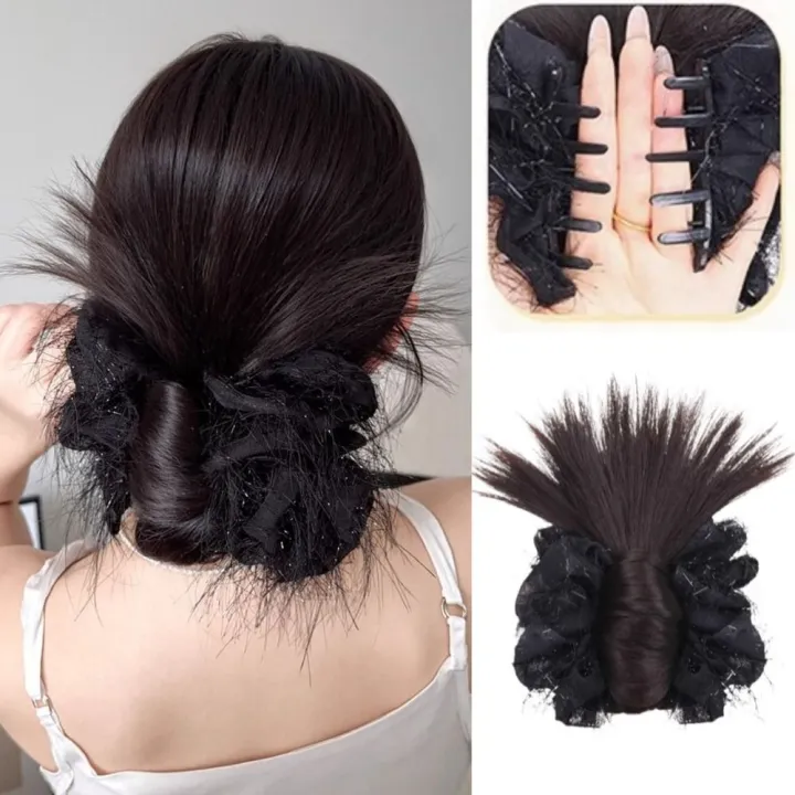 AN249 โบว์พู่ วิกผมหัวมวยยุ่ง คลิปหนีบผม วัสดุสังเคราะห์ หัวลูกบอลขนไก่ ...