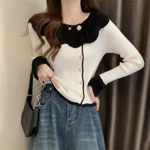 FRAN Fashion Button Flower Neck Knitted Cardigan Top Women Long Sleeve Blouse