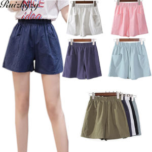 Ruizhijzg Ready stock Shorts with pocket homewear Ladies Womens Casual Elastic Waist Comfy Cotton Linen High Waist Ladies Loose Beach Shorts Plus Size