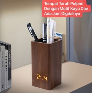 JD-18 Jam Weeker Wooden Clock Taruh Meja Tampilan Kotak Pensil Bisa Untuk Taruh Alat Tulis Motif Kayu