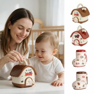 YITAQI Creative House Shaped Piggy Bank Cute Cottage Shaped Savings Piggy Bank Early Education with Lock Key Money Saving Box Holiday Gift
