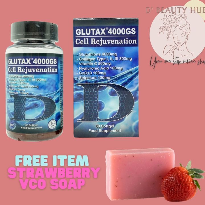 Glutax 4000GS Glutathione with Vitamin C and Collagen Cell Rejuvenation 60 Capsules GET FREE VCO STRAWBERRY SOAP Glutax 4000Gs Anti-Aging Supplement - Lazada