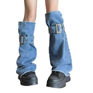 Punk Distressed Jeans Leg Warmer with Buckled Harajuku Grunge Washed Denims Leg Covers Baggy Flared Long Socks for Women