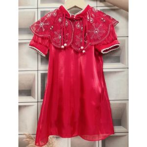 [KIDSFASHIONKOLEKSI] 1060 Gaun Pesta Cheonsam Anak Perempuan Motif Shimmer Cream Collar Mute