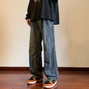 COD Elastic waist wide-leg jeans mens loose straight new American high street boys pants summer overallsGDFSFDGFD