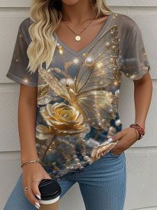 [Local Stock] ZEEMIN V-neck Womens T-shirt Summer Outdoor Fashion Short Sleeve Tops Flower Print Butterfly Pattern Casual Womens Clothing