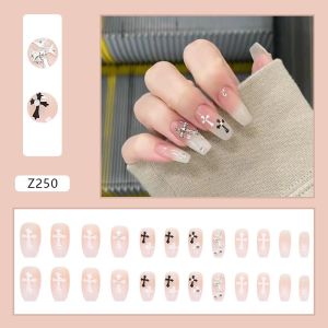 Set móng tay Nails By Mia 24 móng tay màu Nude hoa văn chữ thập vàng bột dài Z250