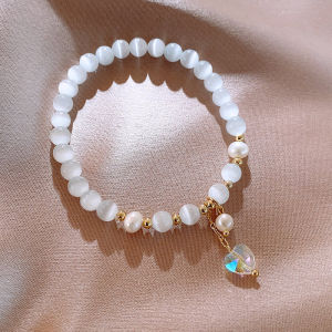 Frascati New Luxury Opal Beaded Pearl Heart Charm Bracelet Classic Fashion Jewelry For Woman Girls Elastic Rope Bracelet Accessories
