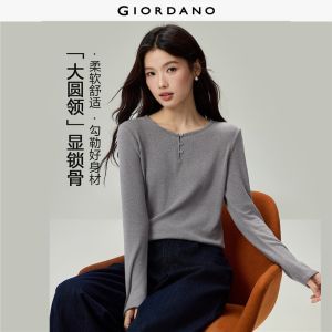 Giordano Women Wide round neck long sleeve slim rib tee Free Shipping 05326787