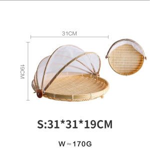 MLADEN Bamboo Food Tent Handwoven Fruit Vegetable Tray with Mosquito Net Snack Display Tray Storage Basket