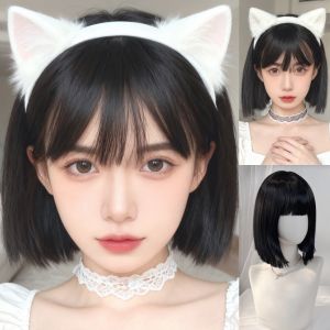 Wig woman shoulder-length cut bangs short hair chemical fiber full head cover simulation short straight hair