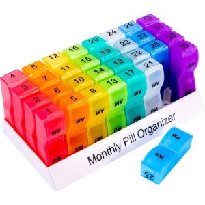 BPA Free 30 Days Monthly Large Capacity Pill Box Organizer Am Pm Twice a Day Medicine Storage Case Portable 4 weeks Pill Cases 32 Compartments Dispenser Box