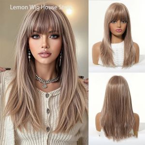 Warm Brown Synthetic Wig with Bangs Medium Long Straight Hair Natural Layered Wigs for Women Daily Party Wig Heat Resistant