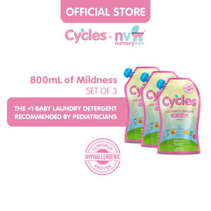 Cycles Baby Laundry Liquid Detergent (x3) - Hypoallergenic Free & Clear of SLS and SLEs. Best and safe for Newborns Infants and Toddlers - Recommended by Pediatricians! 60 light loads -  800mL Easy-Pouch