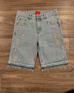 Y2K Gothic Diamond Cross Embroidery Denim Shorts American Retro Blue Gym Shorts Rhinestone Streetwear Hip Hop Men Women Jorts2026