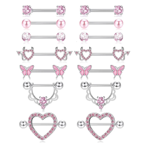 14pcs/Pack Elegant Nipple Bars and Rings Set Elegant Silver Pink Cubic Zirconia Nipple Rings for Trendy Women